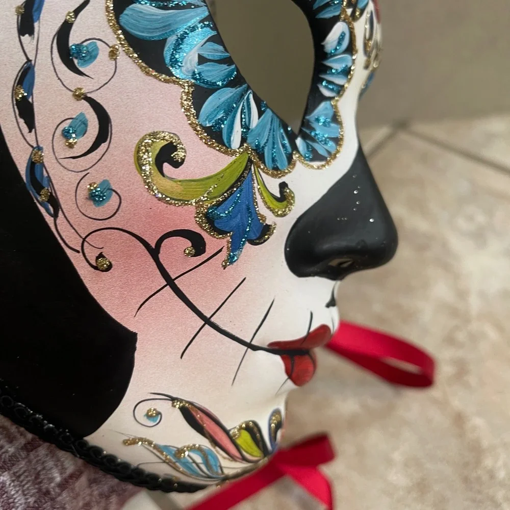 Day of the Dead New Hand Painted Italian Masquerade Mask Red Rose Blue‎ Flowers